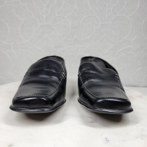 VTG Bass Artist Mules Womens 6 Black Leather Slip On Square Toe Block Heel 2003 - Picture 15 of 16